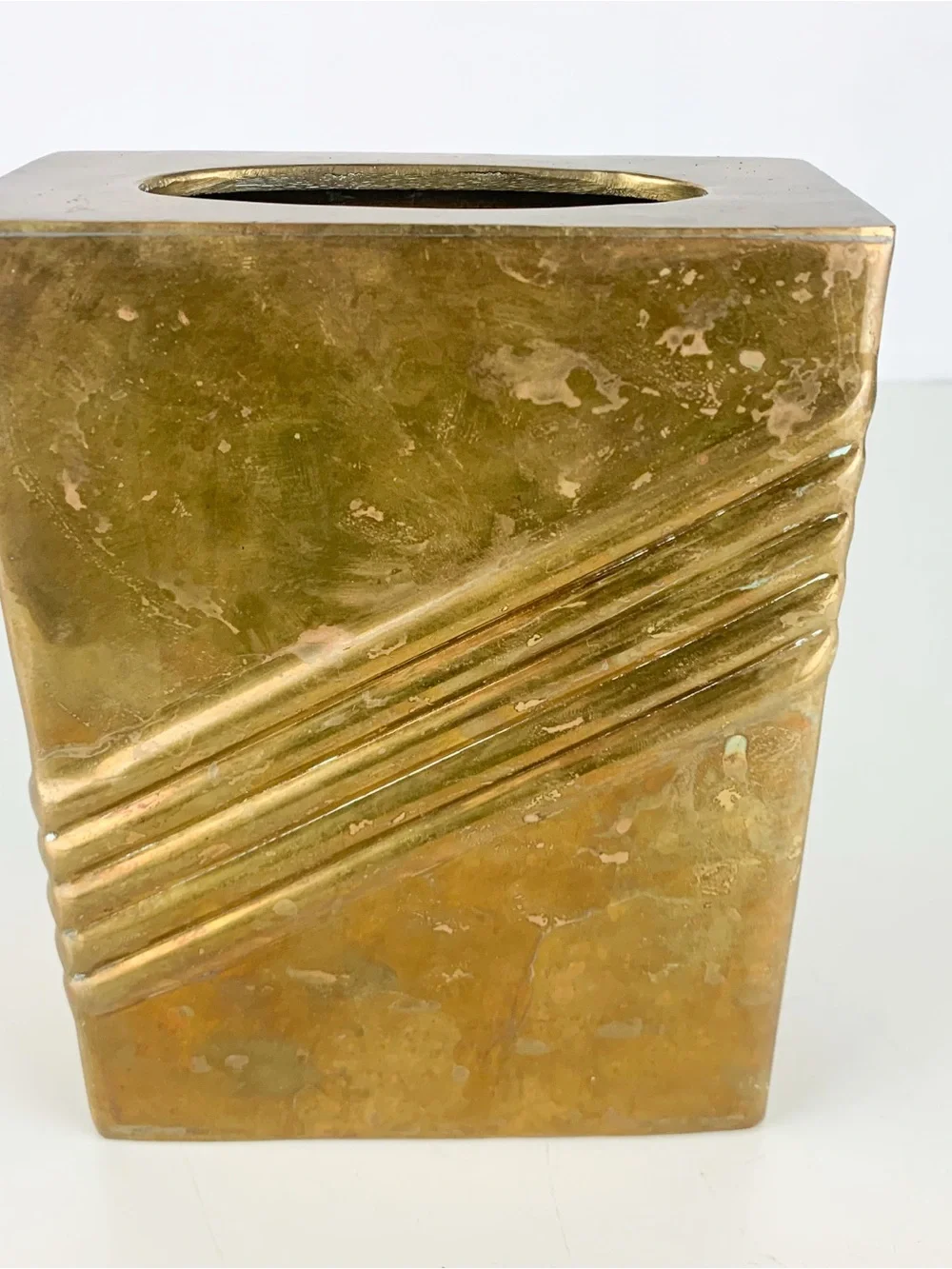 Vintage 80s Art Deco Revival Brass Rectangular Vase Napkin Tissue Holder Retro